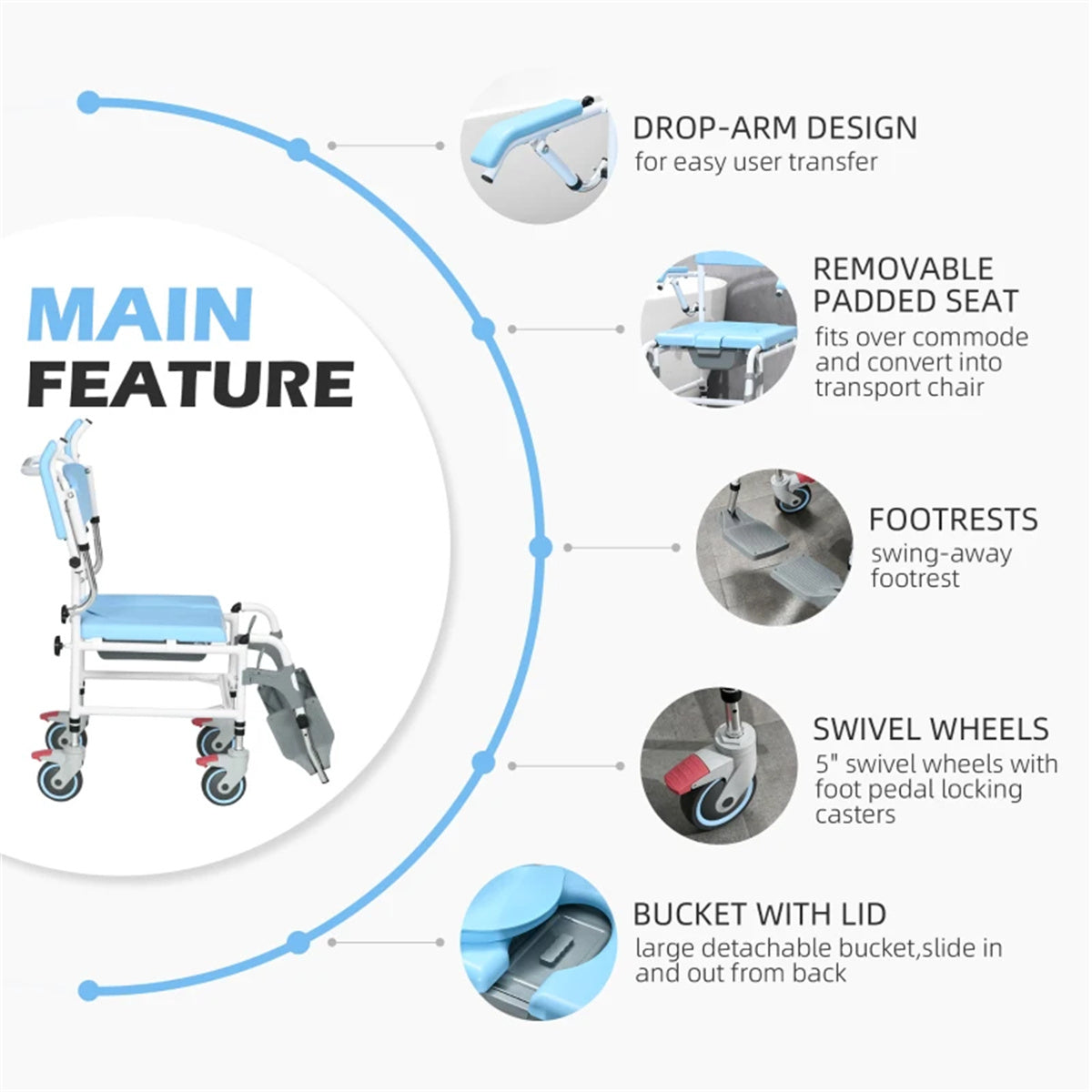 Bathroom Wheelchair,Commode Wheelchair, Rolling Shower Wheelchair with 4 Castor Wheels