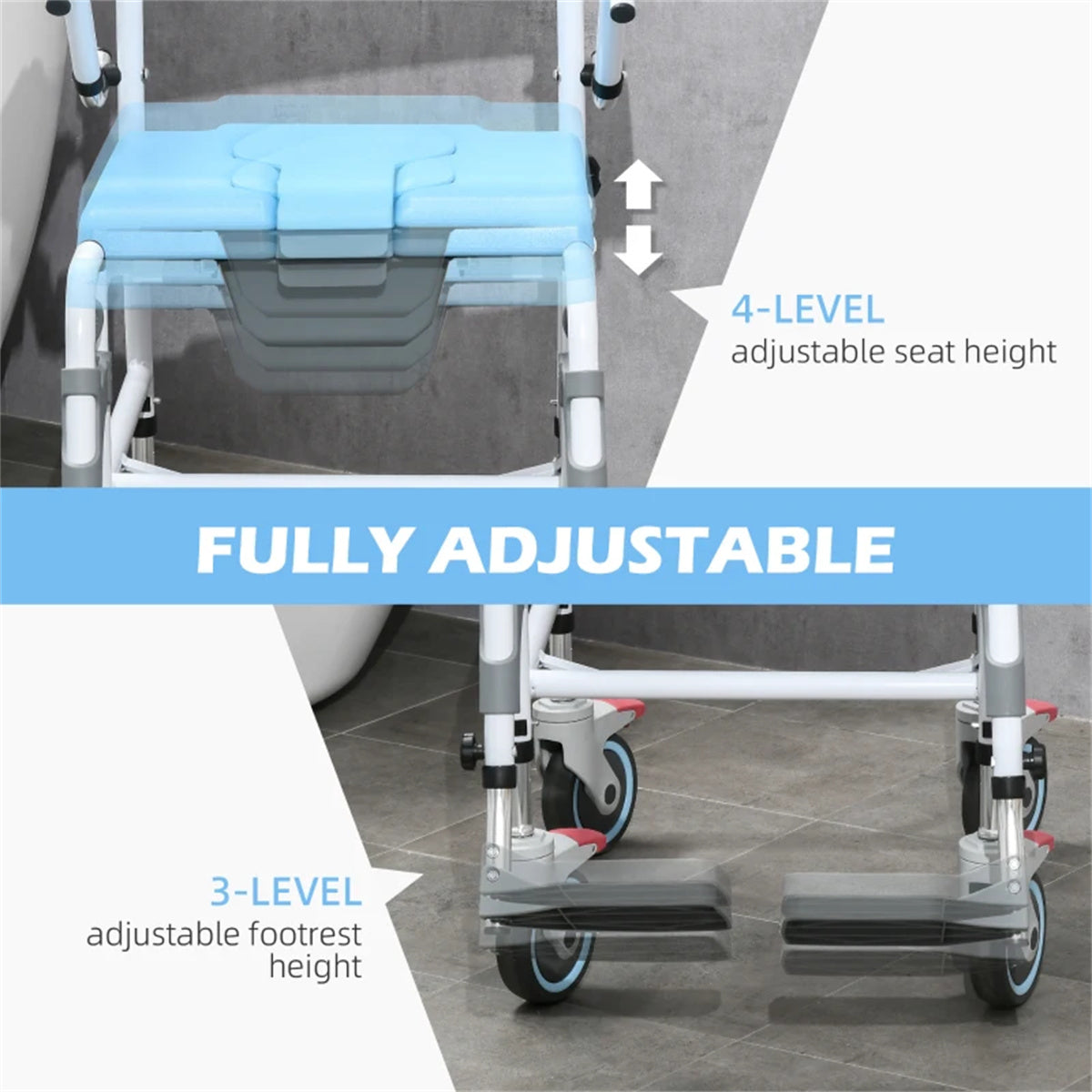 Bathroom Wheelchair,Commode Wheelchair, Rolling Shower Wheelchair with 4 Castor Wheels