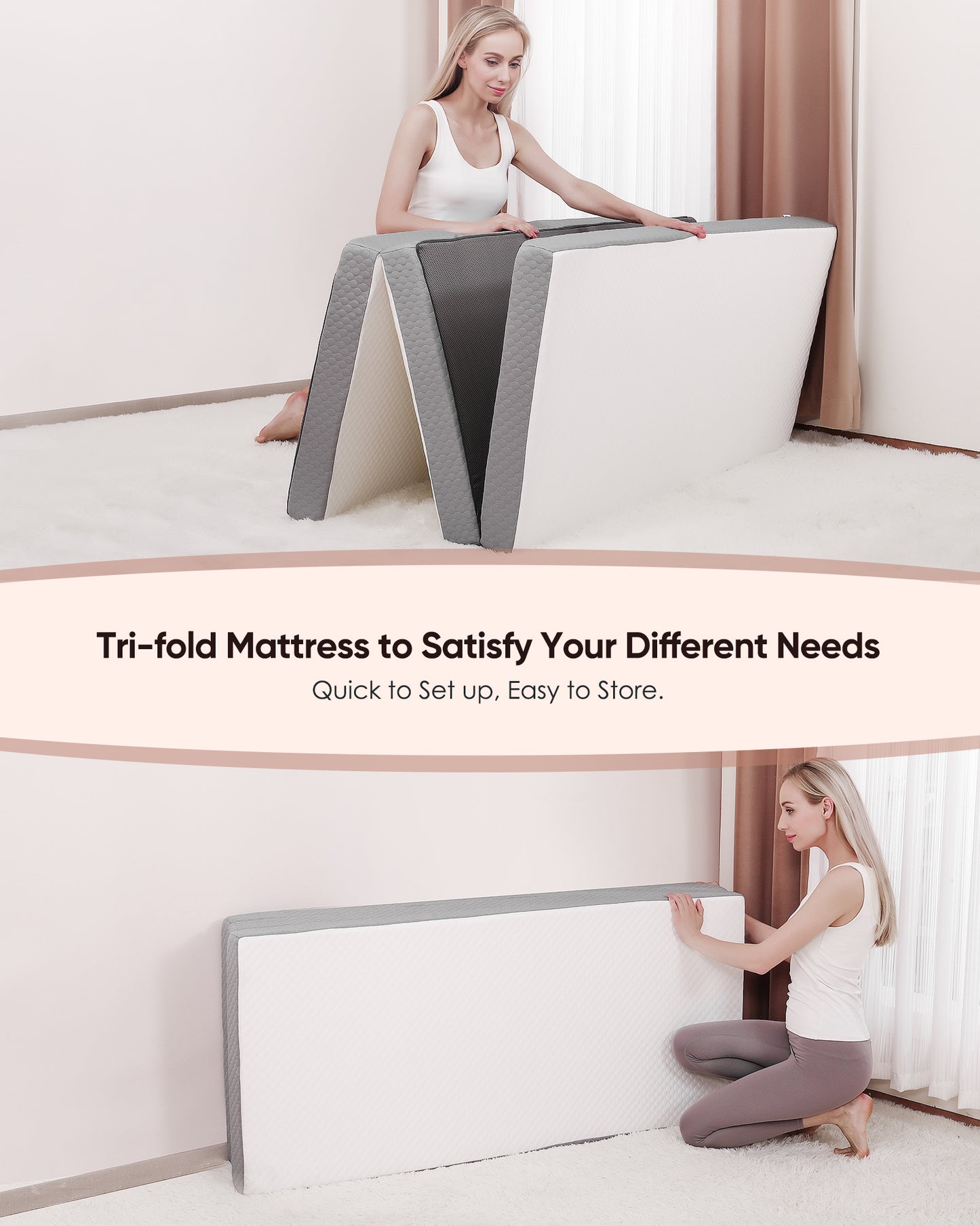 Forias Folding Mattress Size , 4 inch Foldable Memory Form Mattress, Trifold Mattress Topper with Washable Cover, Non-Slip Bottom Camping Mattress Guest Bed