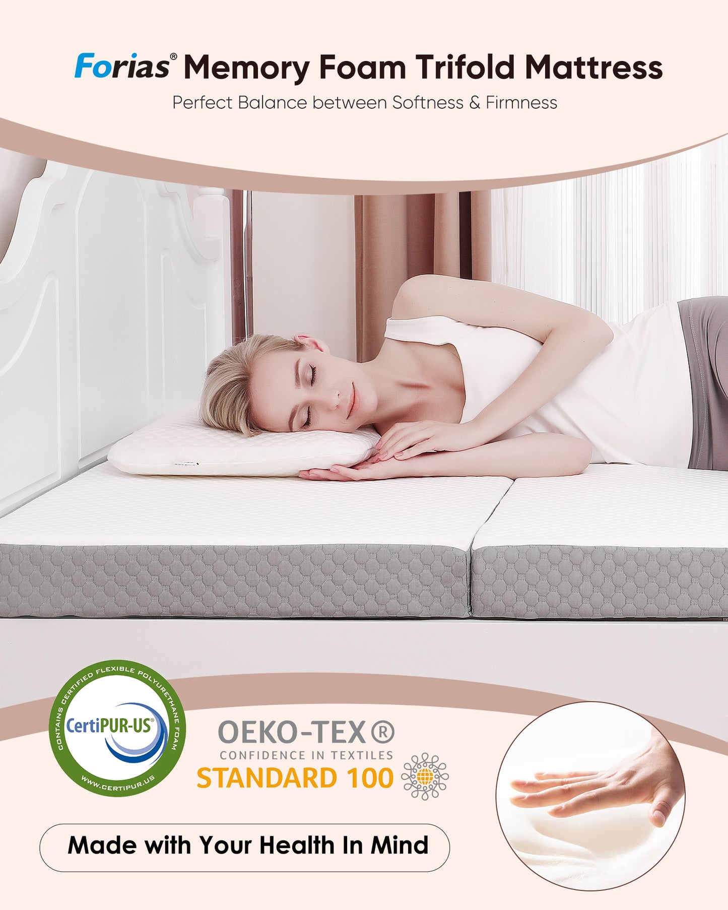 Forias Folding Mattress Size , 4 inch Foldable Memory Form Mattress, Trifold Mattress Topper with Washable Cover, Non-Slip Bottom Camping Mattress Guest Bed