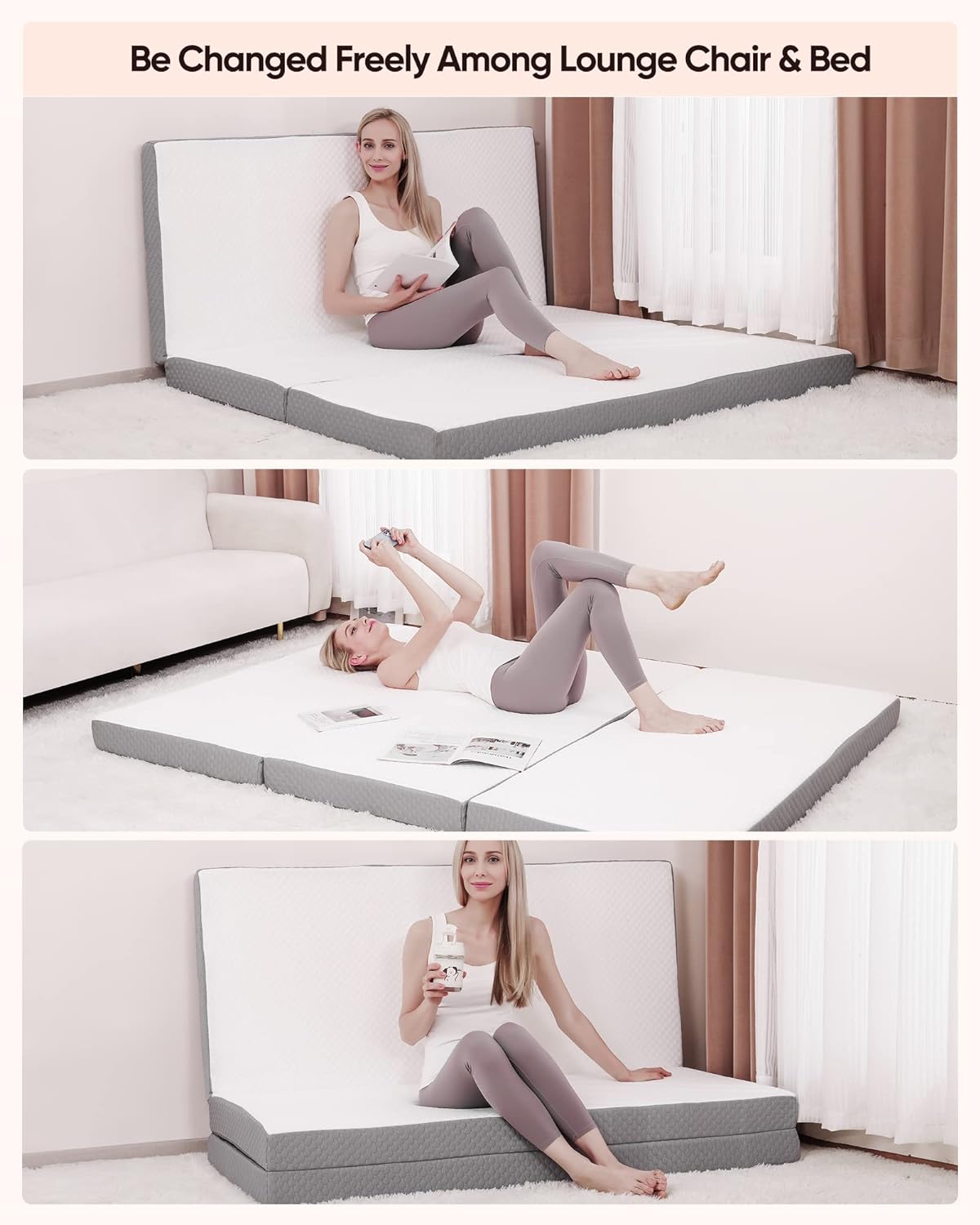 Forias Folding Mattress Size , 4 inch Foldable Memory Form Mattress, Trifold Mattress Topper with Washable Cover, Non-Slip Bottom Camping Mattress Guest Bed