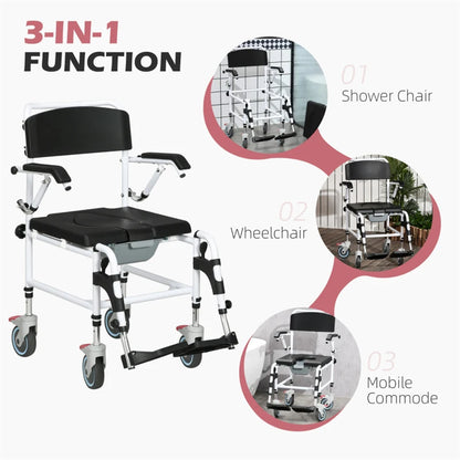 Bathroom Wheelchair，Commode Wheelchair, Rolling Shower Wheelchair with 4 Castor Wheels