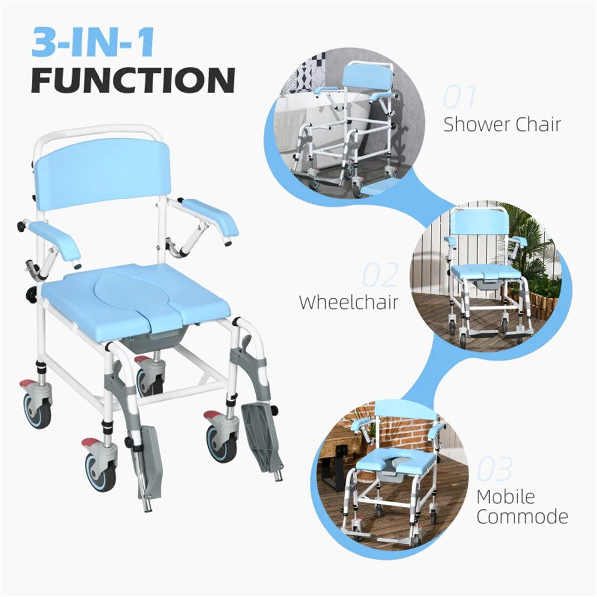 Bathroom Wheelchair，Commode Wheelchair, Rolling Shower Wheelchair with 4 Castor Wheels