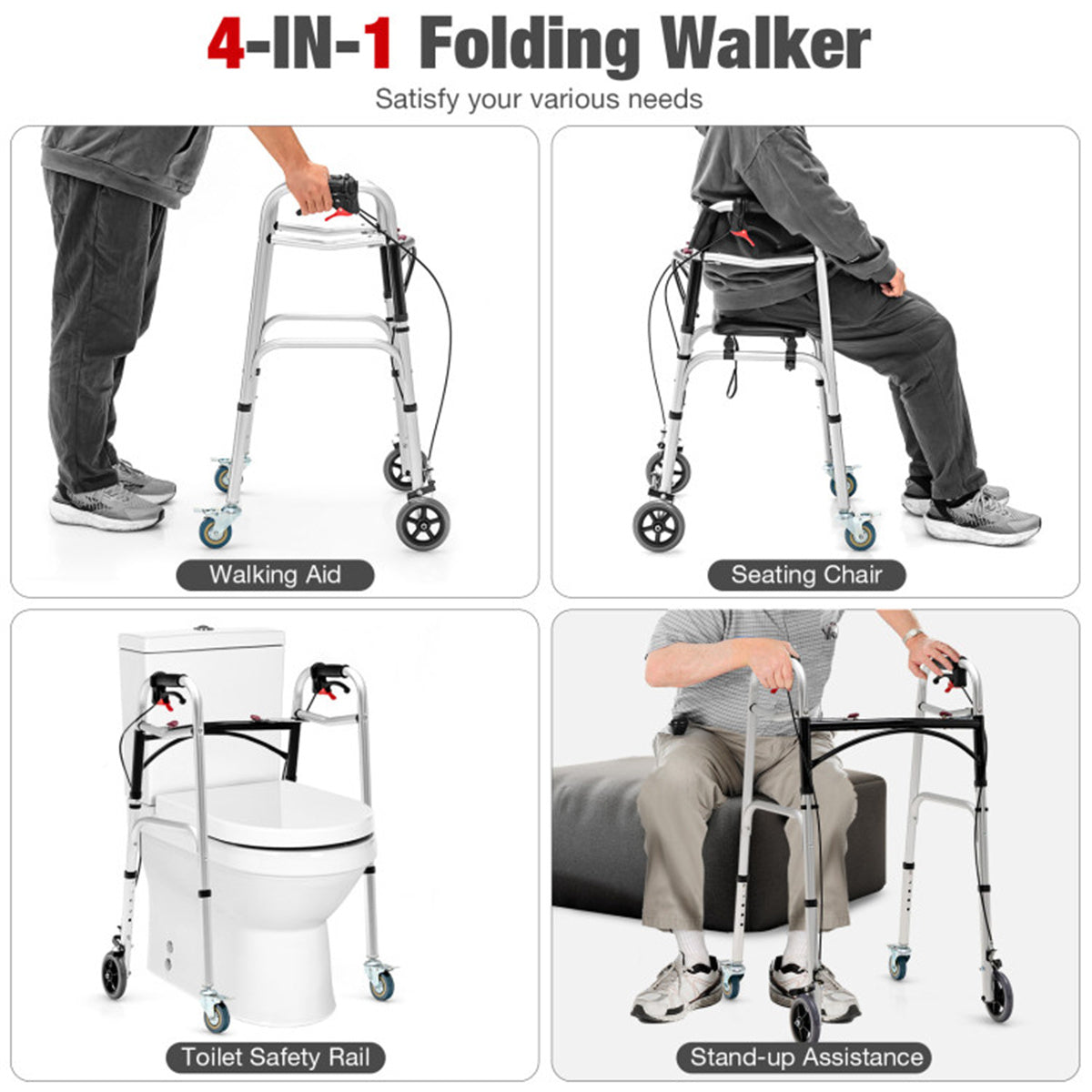 Walking aids with rollers and brakes