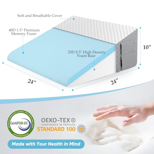 Forias Wedge Pillow for Sleeping,10" Bed Wedge Pillow for After Surgery,Acid Reflux,Snoring,Memory Foam Top Triangle Pillow Wedge with Breathable Removable Cover